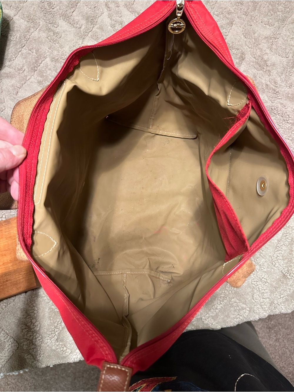 Longchamp Red Le Pliage L Nylon Tote with Brown Leather Trim - Picture 12 of 12